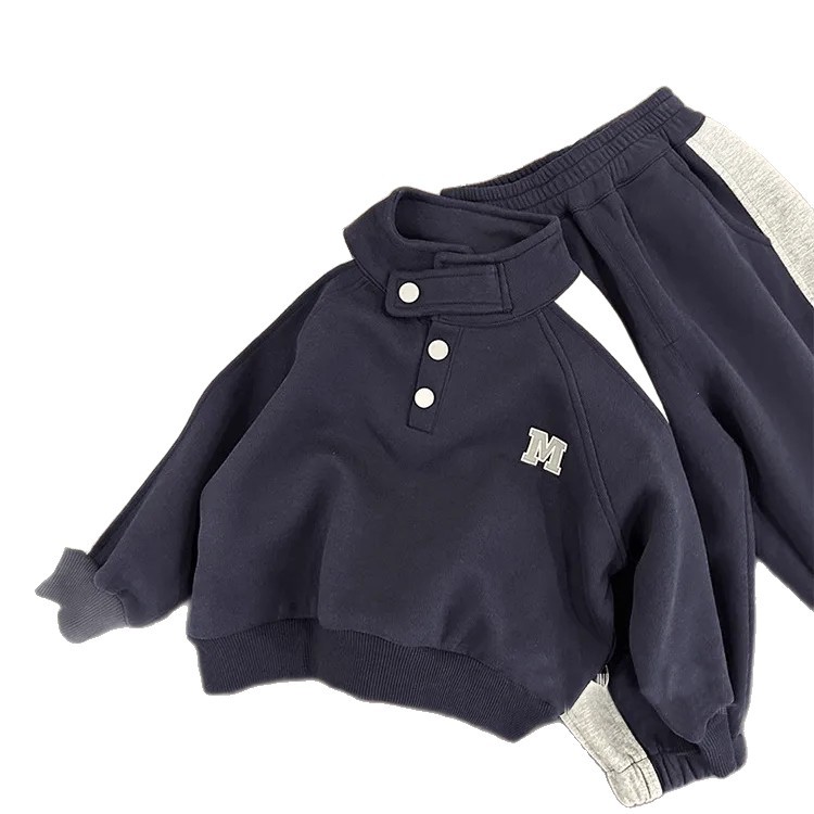luxury kids clothing 2025 Winter Boys Outfit, Fleece-Lined Stand Collar Jogger Set, Trendy Athleisure Wear for Kids