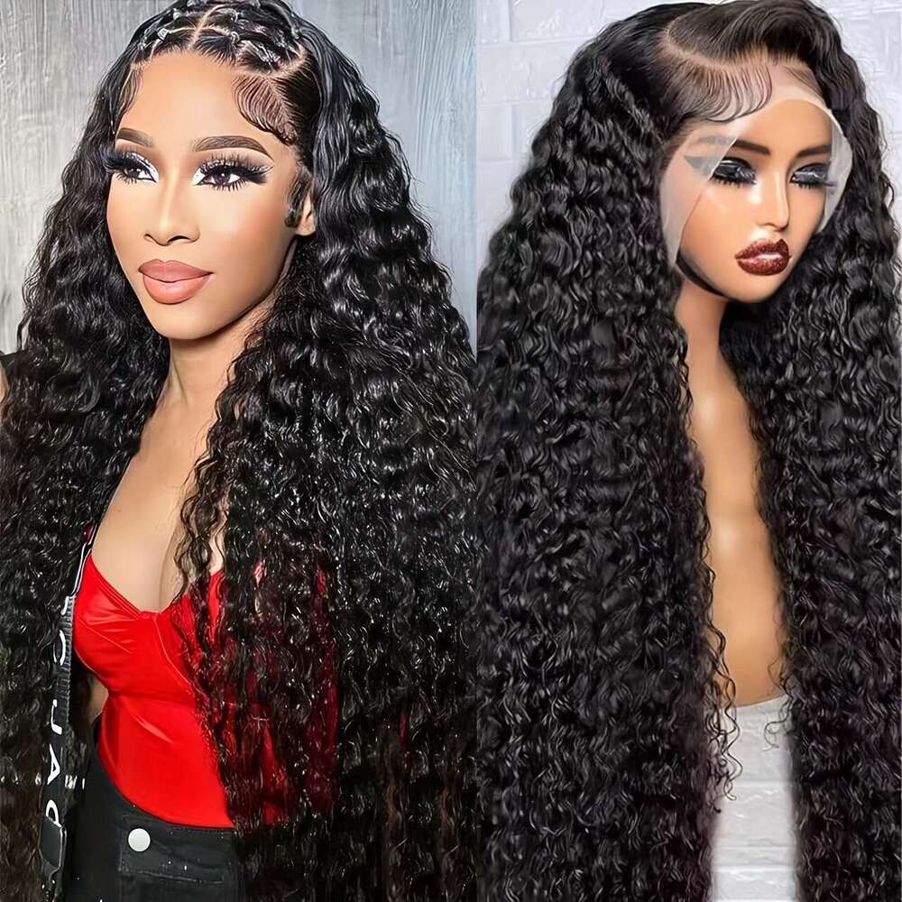 ESTILAR Deep Front Water Wave Curly Natural Black 13X4 HD Lace Frontal Wig Full And Thick Human Hair Wigs for Halloween Christmas Festivals