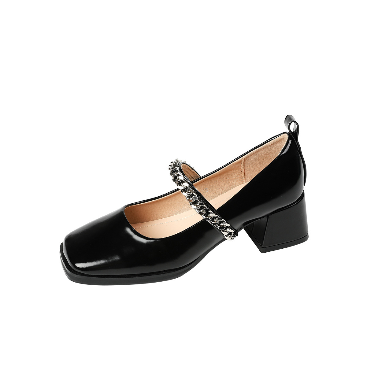 T8-5 French Patent Leather Mary Jane with Metal Chain, Chunky Heel, Square Toe, Mid Heel Women's Shoes ddmythur