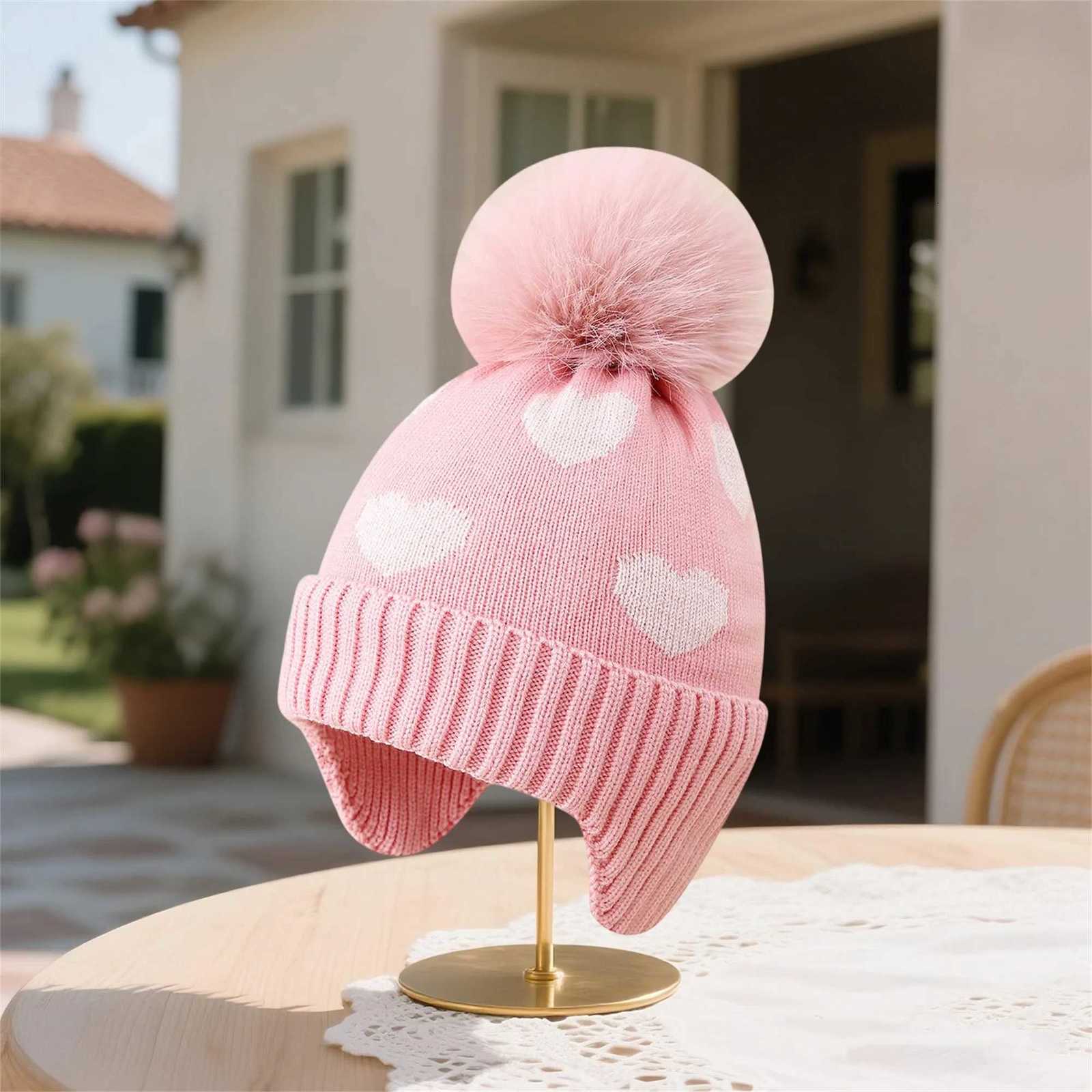 Girls Knitted Hat with Heart Pattern and Plush Ball Baby Winter Hats Warm HeadwearL251024