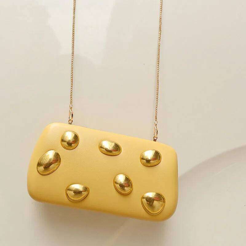Gold Rivet Metal Box Clutch Bag Women Evening Wedding Party Cute Purse Bag Handbag Yellow Color Autumn Winter New
