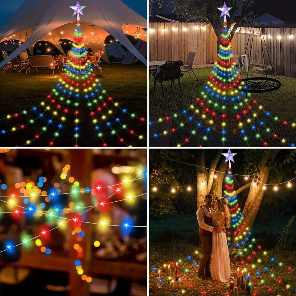 1PC Fivepointed Star Waterfall Lights USBSolar Powered Christmas String Lights for Christmas Party Halloween Home Decor C251024