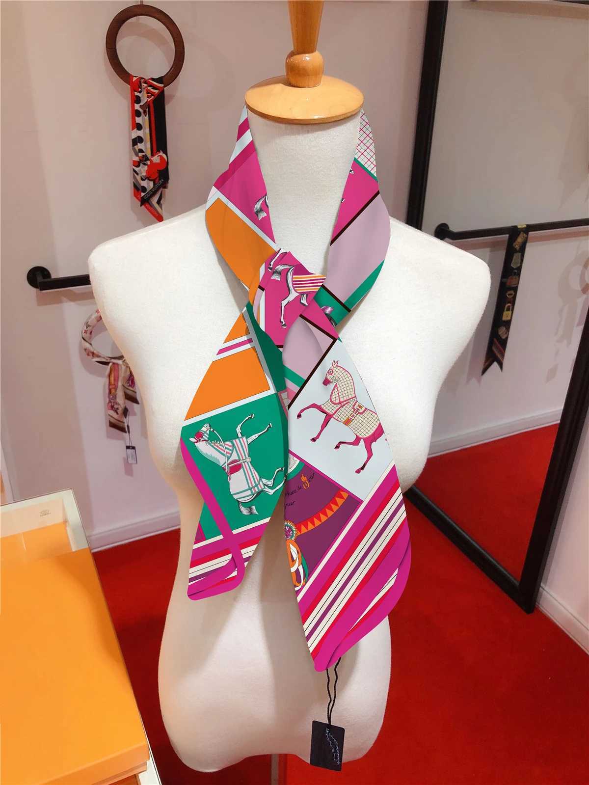 90cm Classic Checkered Horse Brand Square Scarf Women Twill Silk Scarf Shawl Hijab Luxury Bandana Foulard Neckerchief Head Scarf C251024