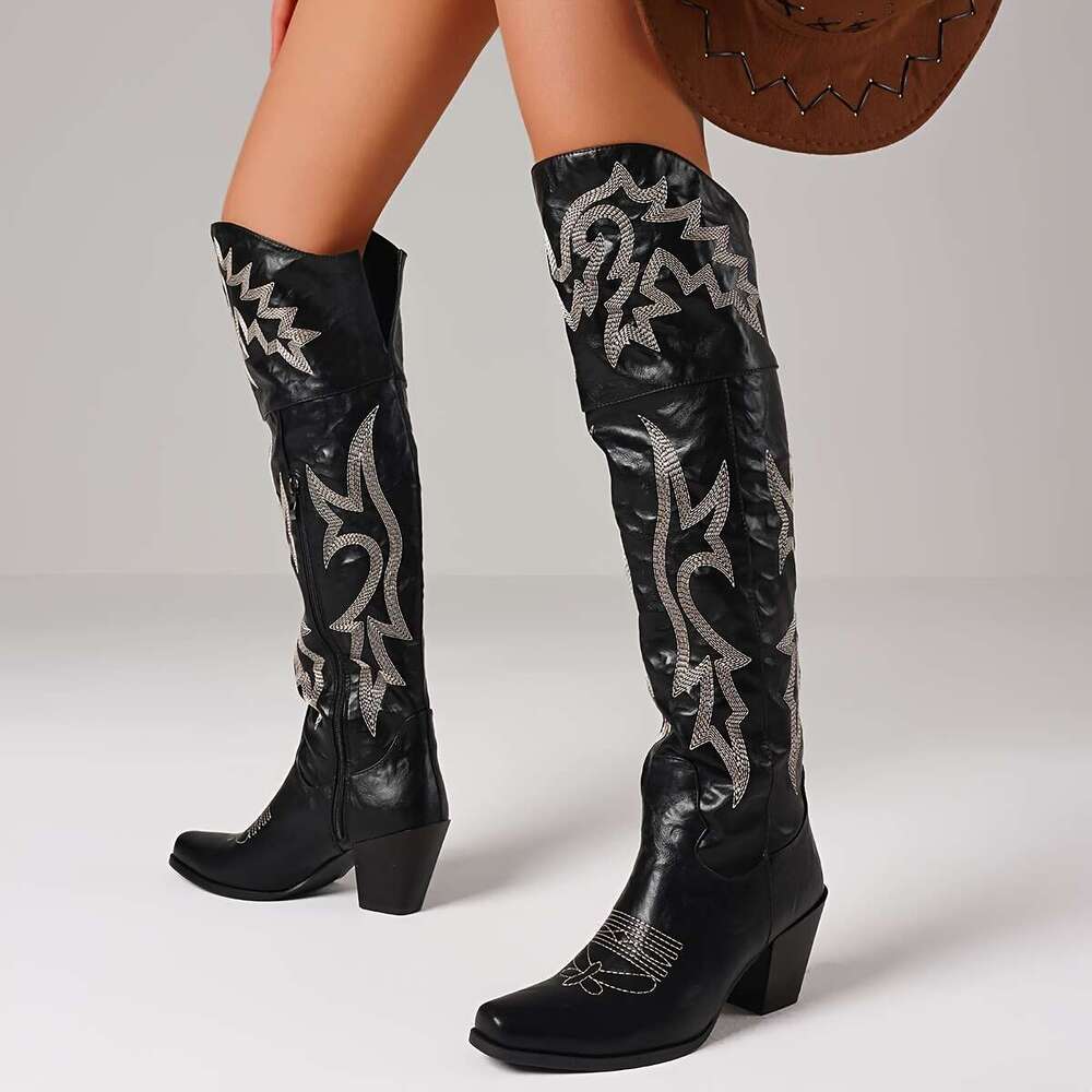 Cowgirl Western Knee High With Embroidery, Pointed Toe And Chunky Heel, Zipper Boots, Retro Outdoor Cowboy Boots For Women