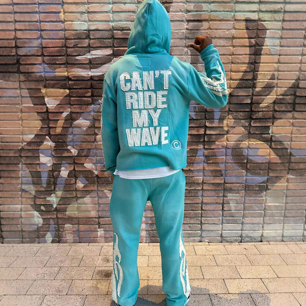 American Style Autumn Winter Trendy Brand Hooded Letter Patch Sweatshirt Unisex Pocket Wide Leg Pants Set