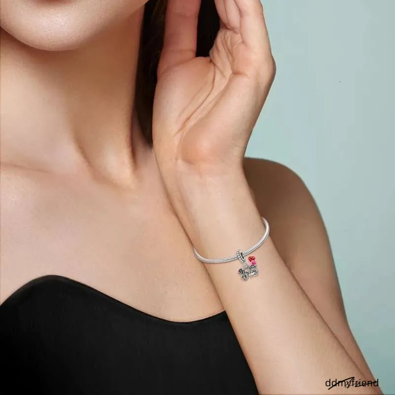 Beautiful Sterg Sier Red Valentine's Day Infinity Love Rose Pendant Fit DIY Bracelet Necklace Date Accessories Gifts Ddmyfriend