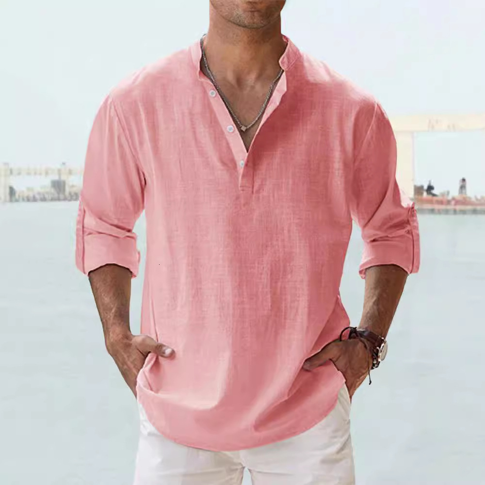 2025 Men's Stand Collar T-Shirt Loose Sweatshirt Solid Color Long Sleeve Cotton Shirt for Men