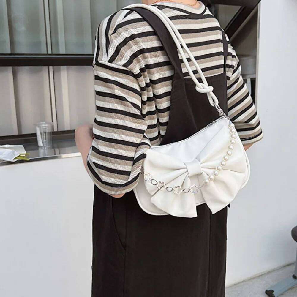 Trendy Pearl Bow Shoulder Underarm Daily Commuting Casual Handbag Solid Business Women's Bag
