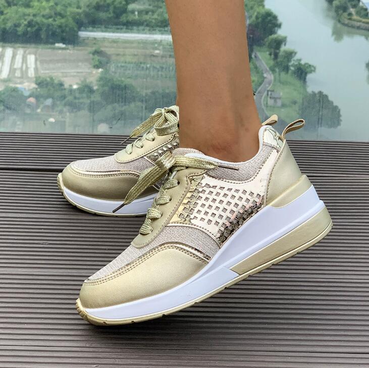 European and American women's wedge heel thick soled sports shoes in large size breathable sequins round toe straps spring and autumn new casual 