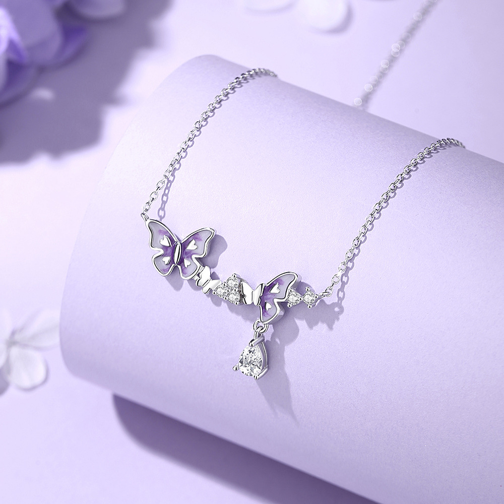 TaiYang New S925 Sterling Silver Purple Butterfly Dream Necklace, Fluorescent Glow Fringe Pendant with Ethereal Fairy Aesthetic
