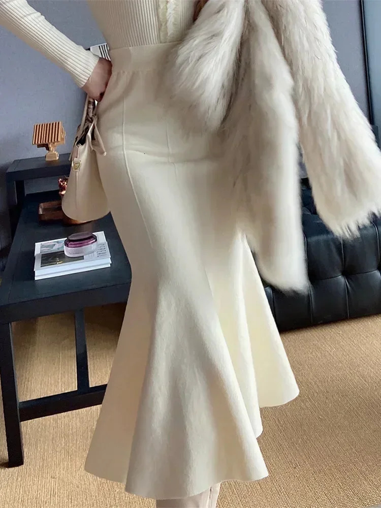Womens Skirts Autumn Winter Fashion Knitted Long for Women Green Vintage Slim Office Lady ALINE Fishtail Skirt 251017