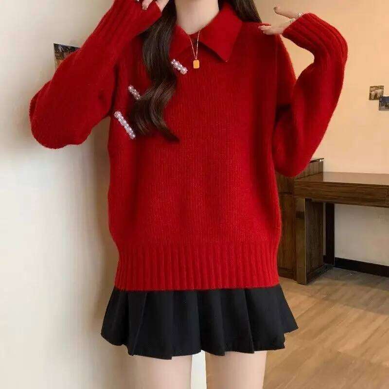 Autumn Winter Red Sweater Women Year Christmas Unique Top New Chinese Style Warm Festive Turn-Down Collar Trend Fashion