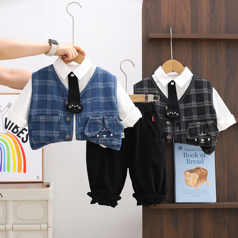 Toddler Boys 3-Piece Outfit, Plaid and Denim Vest Set with Tie for Spring & Autumn
