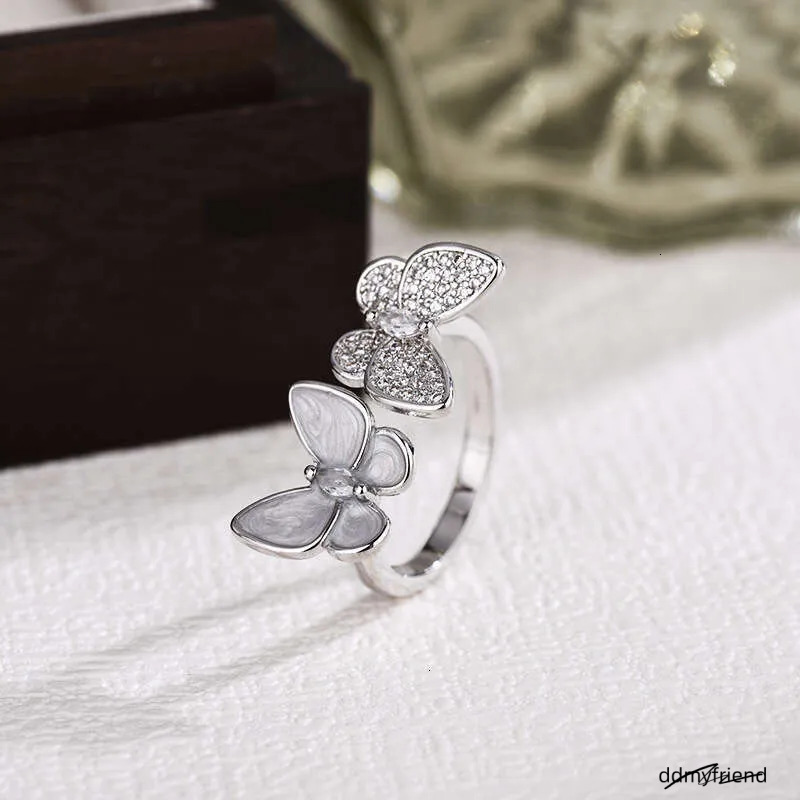 Open Adjustable Ring With Double Butterfly Design - Mother Of Pearl & Rhinestone Elegant Women's Jewelry Ddmyfriend