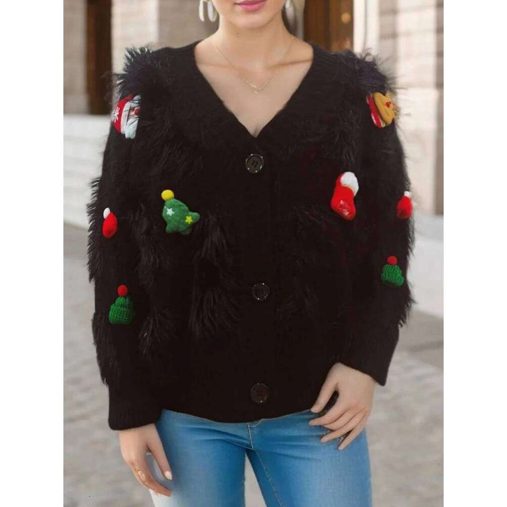 Autumn Winter New Christmas V-Neck Sweater Fashionable Elegant Loose Fitting Single Breasted Cardigan Jacket For Women