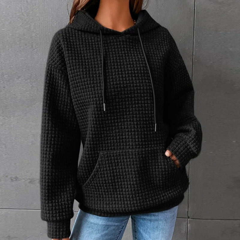 Autumn Winter Women's New Style Small Plaid Round Neck Hooded Long Sleeve Sweatshirt Solid Color Top for Women