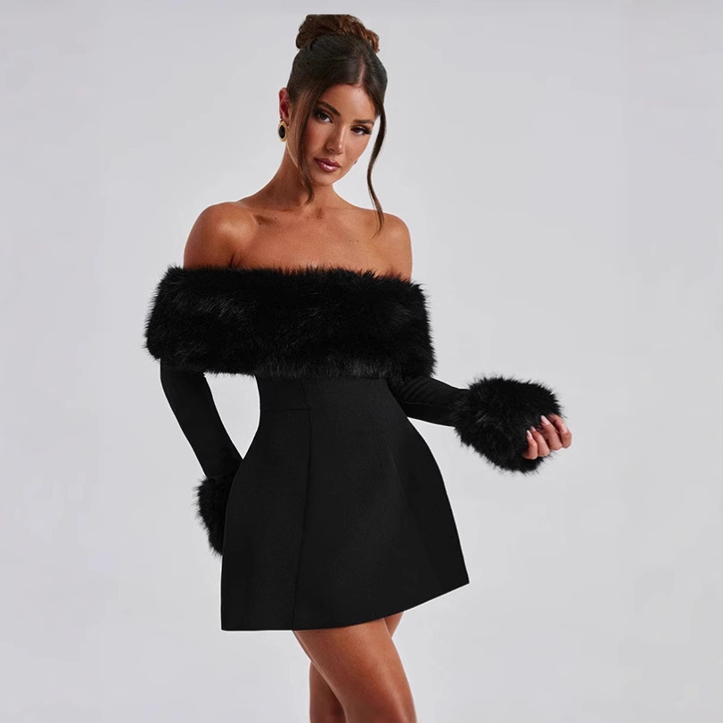 Women's Winter New Elegant Off Shoulder One Shoulder Collar Fur Patch Tight High Waist Designer Dress