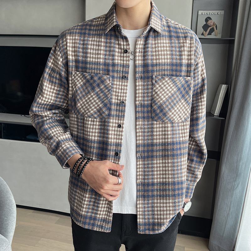Plaid Trendy Men's Casual Loose Color-Block Long Sleeve Fashion Shirt Jacket