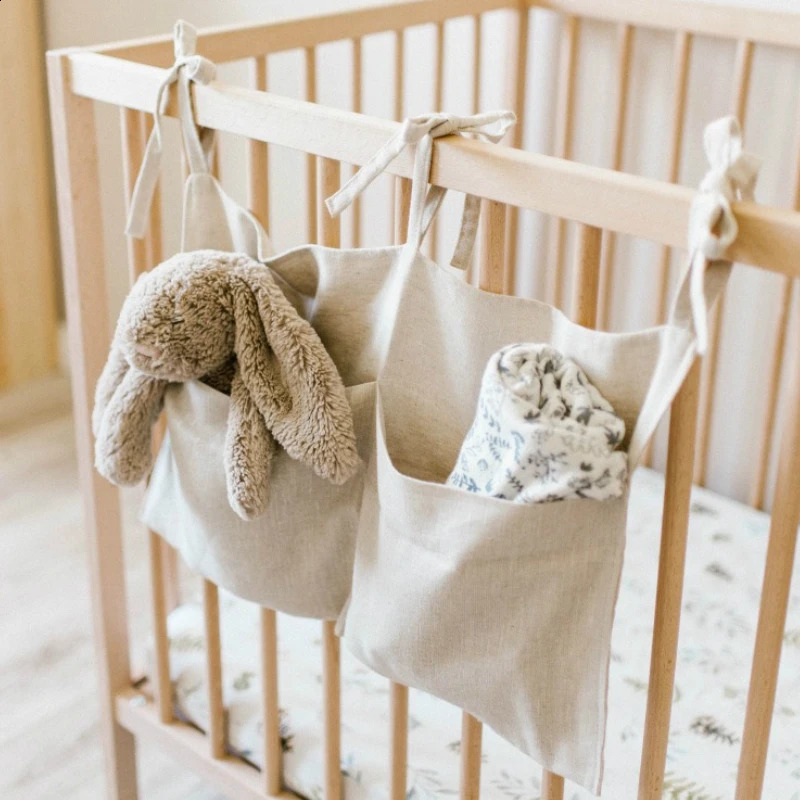 Baby Bedside Hanging Storage Bag Linen 2Pockets Organizer Bags 251018