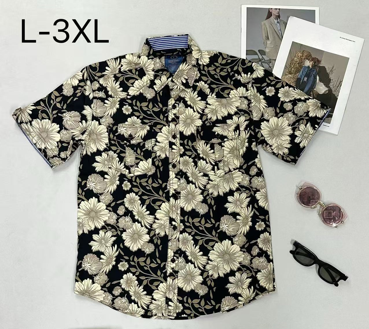 Men's Loose Short-Sleeve Shirt with Geometric Print & Pocket Design, Trendy Summer Casual Button-Down 100% Cotton - NO22