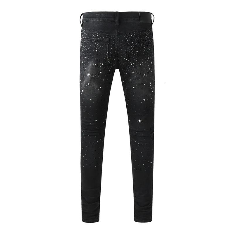 Black Mens American High Street Distressed Rhinestones Patterns Skinny Ripped Button Fly Jeans Pants 251021