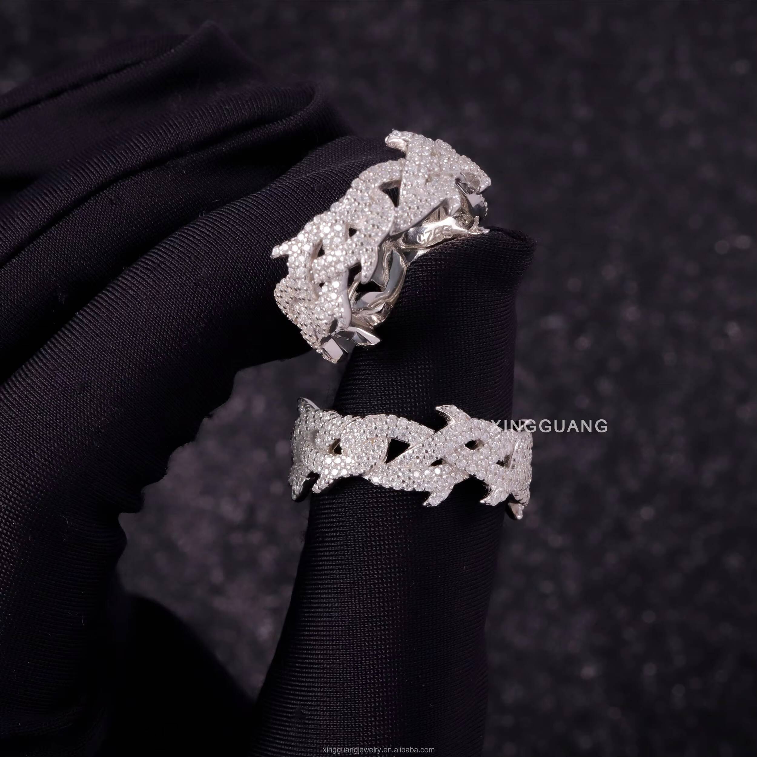 Xingguang Jewelry Wholesale in Stock Moissanite Jewelry 925 Silver Iced Out Diamond Cuban Rings Moissanite Hip Hop Ring