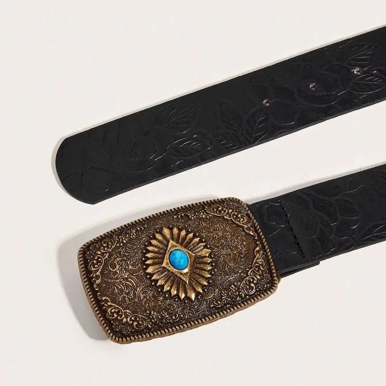 A square buckle set with sapphire PU belt for men and women W251024