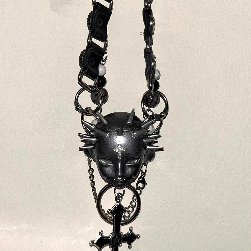 Punk Necklace Leather Choker Cross Metal Chain Rivet Human Face Dark Trendy Cool Neck Accessories for Women Men Jewelry 251023