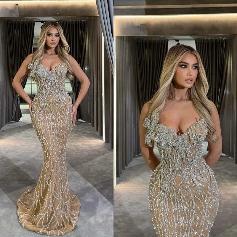Elegant Mermaid Evening Dress Shine Crystal Prom Gowns Beads 3D-Neck Sexy Prom Dress vestidos de novia Plus Size Customized Robes De Mariee L252775