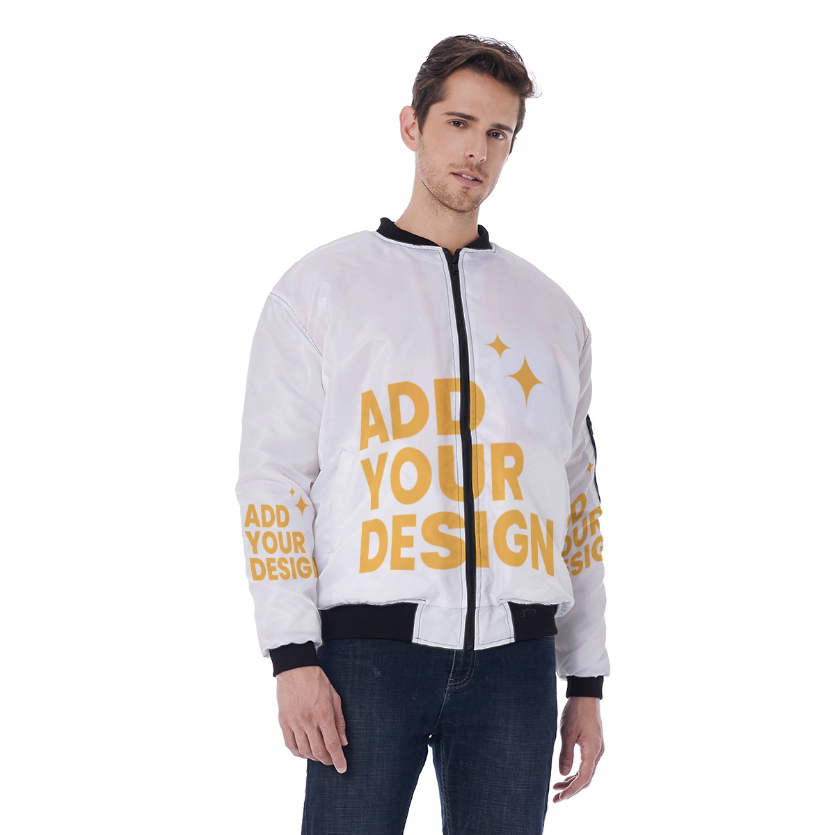 DHgatepod Men's Sleeve Pocket Bomber Jacket - All-Over Print Twill Weave Aviator Coat with Orange Lining & Zipper Detail
