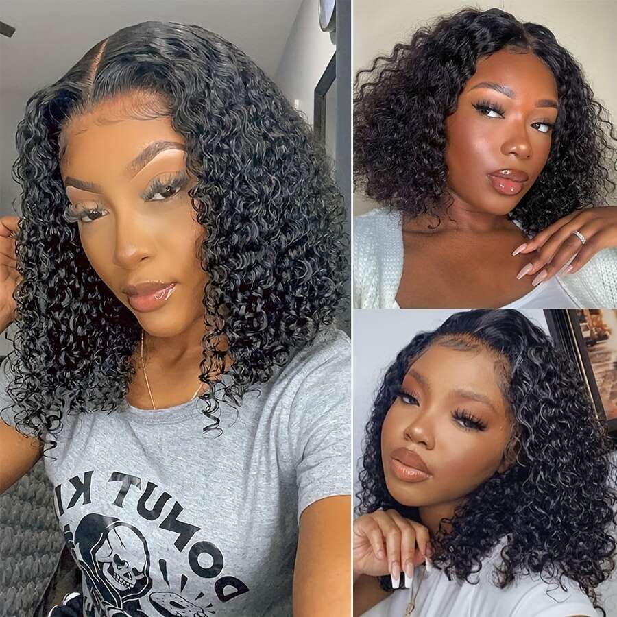 4x4 Brazilian Deep Wave Curly Bob Wig - Pre-Plucked Human Hair with Lace Closure, 150% Density, Natural Black Women, Versatile Style for All Ethniciti