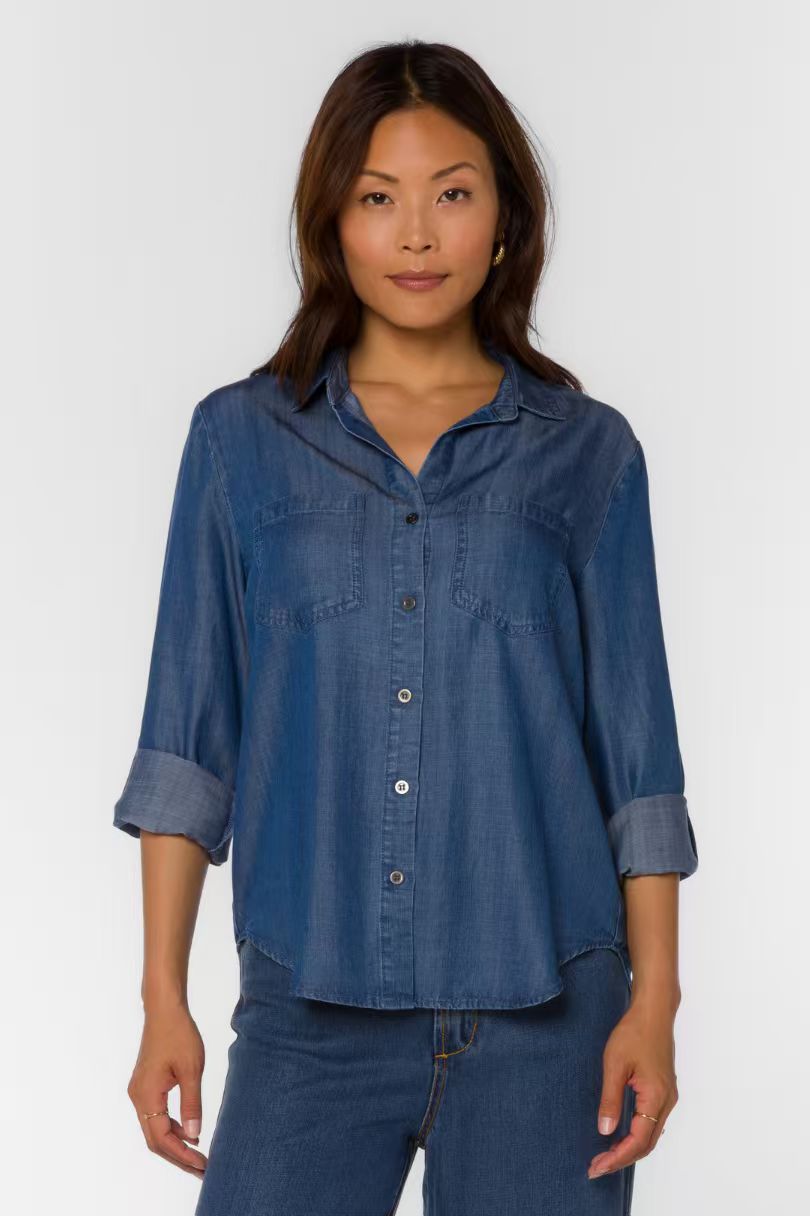 Advanced women's denim button up shirt - Selena Calva shirt, an ideal choice for casual and office wear, a must-have for multifunctional and comf
