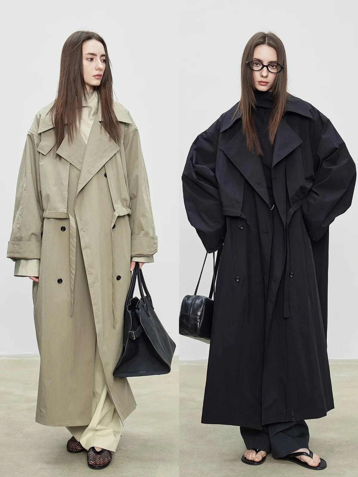 Lautaro Spring Autumn Oversized Khaki Long Trench Coat for Women Double Breasted Loose Casual European Fashion Overcoat 251021