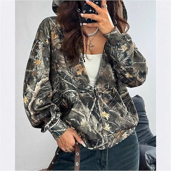 Autumn Camouflage Loose Long Sleeve Maple Leaf Print Trendy Fashion Versatile Women's Top Wholesale