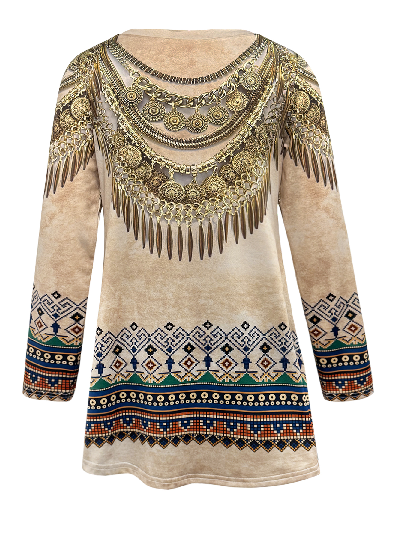 Autumn New Women's Casual Ethnic Style Long Sleeve T-Shirt, Milk Silk Lightweight Versatile Top, S-XXL Khaki--CF43374