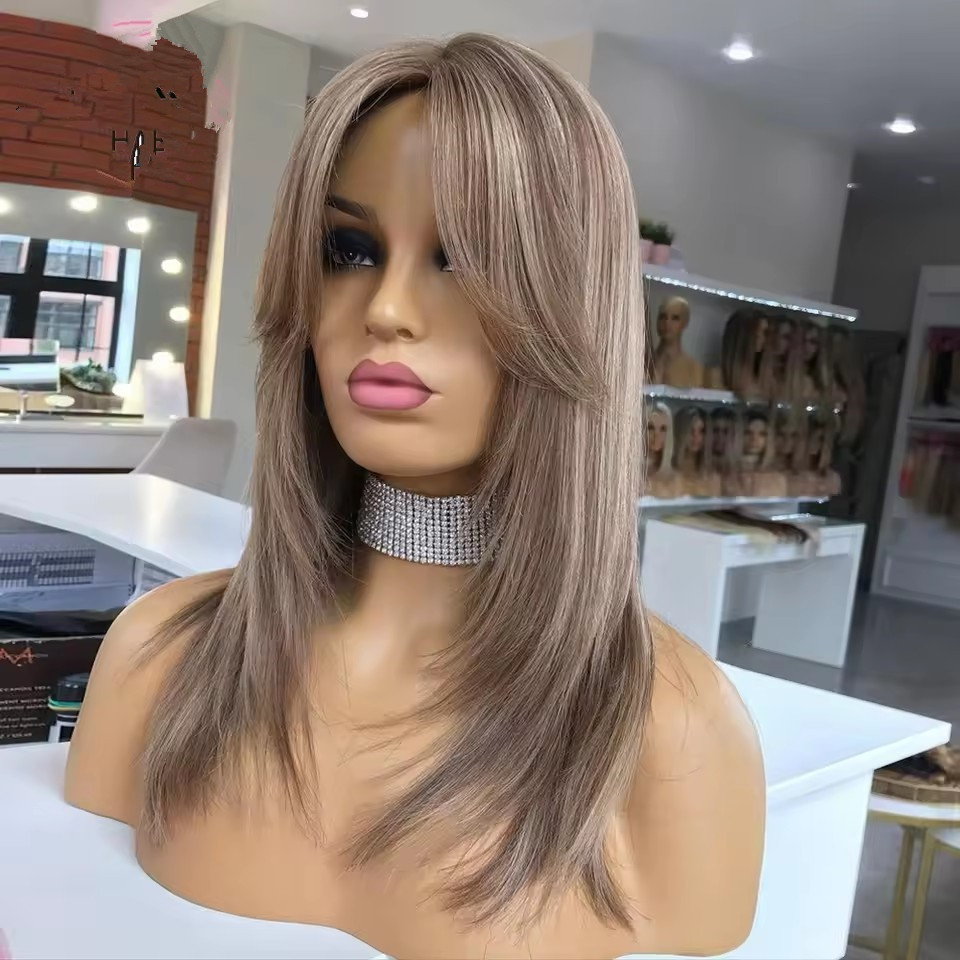 Ash Brown balayaged ombre layered Bob Wig with fluffy bang fringe Lace Front Human Hair Wigs 360 HD Lace Frontal Wig