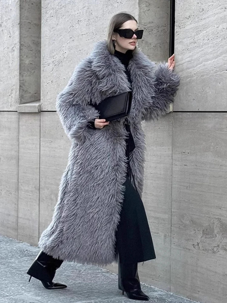 DEAT Fashion Gray Long Fur Coat Womens Lapel Loose Sleeves Plush Thick Overcoat Winter 7A1438 251018