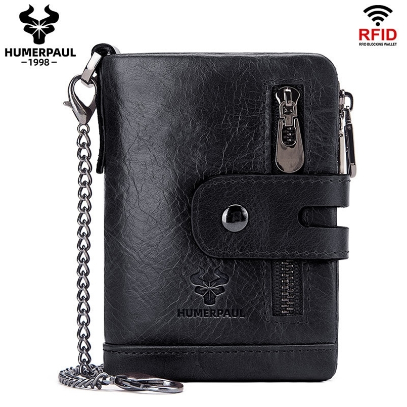 HUMERPAUL100 Genuine Cowhide Leather Wallet For Men Short RFID Money Purse Card Holder Double Zipper Bifold Coin Pocket 251023
