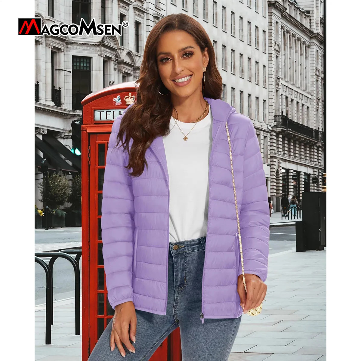 MAGCOMSEN Womens Lightweight Hooded Puffer Jacket Full Zip Windbreaker Waterproof Quilted Down Coat Winter Warm Outerwear 251020
