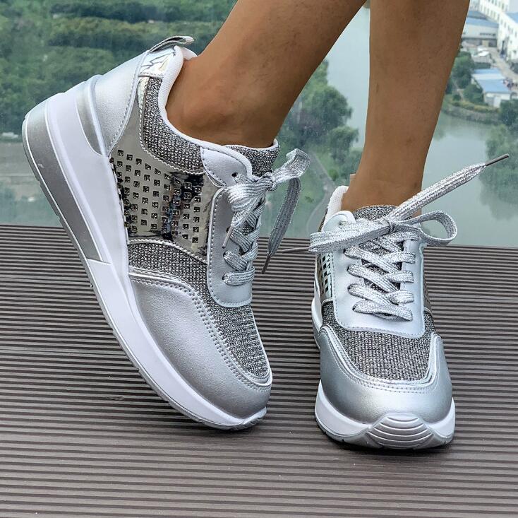 European and American women's wedge heel thick soled sports shoes in large size breathable sequins round toe straps spring and autumn new casual 