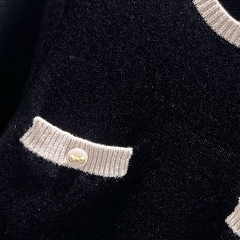 Designer Luxury Women's Contrast Color Knitted Dress Round Neck Multiple Pockets Mini A-Line Bodycon Long Sleeve Metal Buttons Versatile Y2K Clot