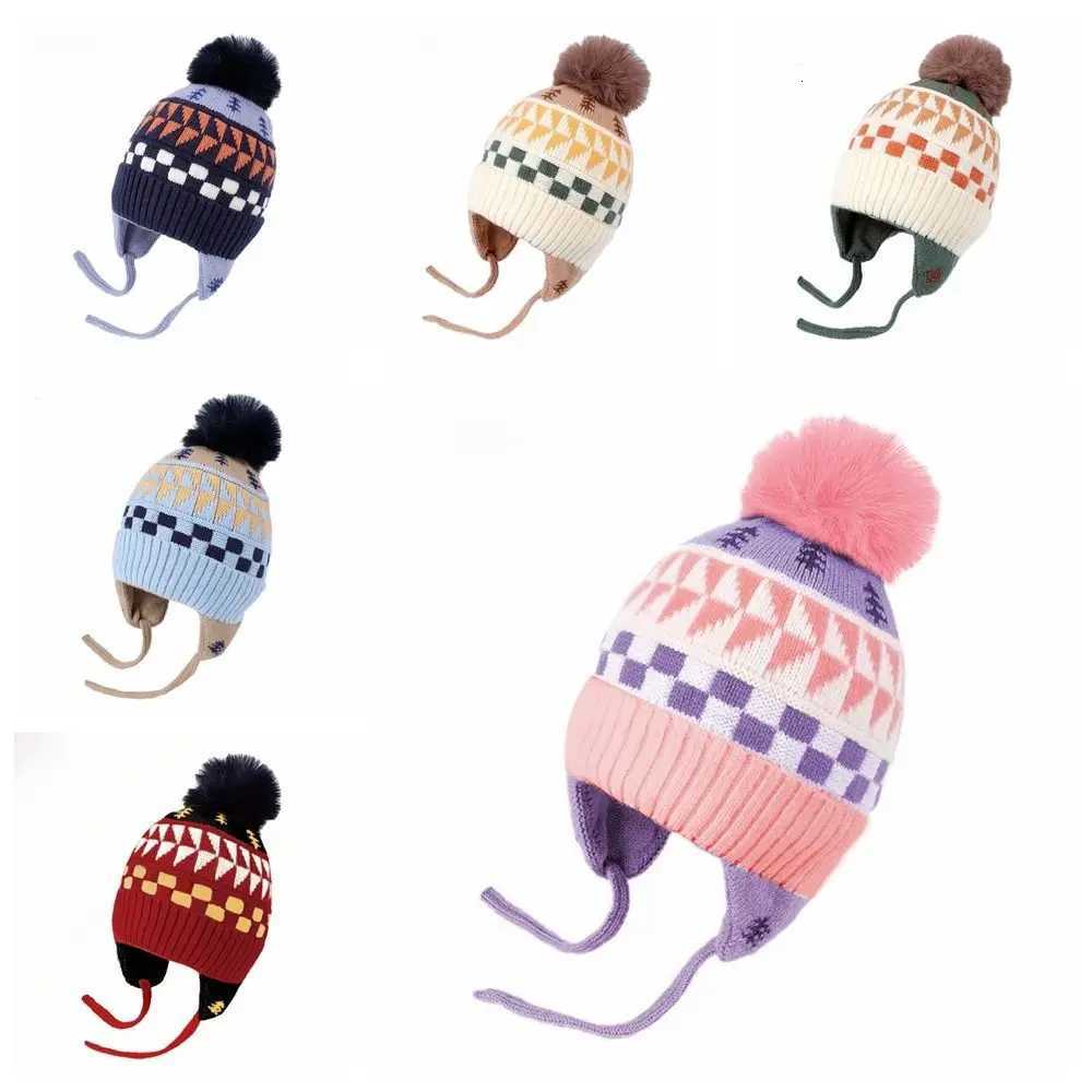Lovely Jacquard Baby Knitted Hat Hairball Warm Children Beanies Cap Thicken Fleece Wool Kids Earmuffs Cap WindproofL251024
