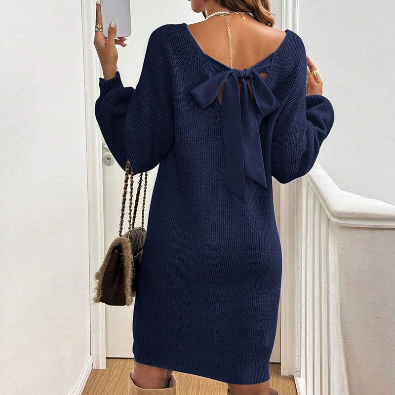 European and American autumn and winter new designer loose knit V-neck bow long sleeved multifunctional pullover women's dress