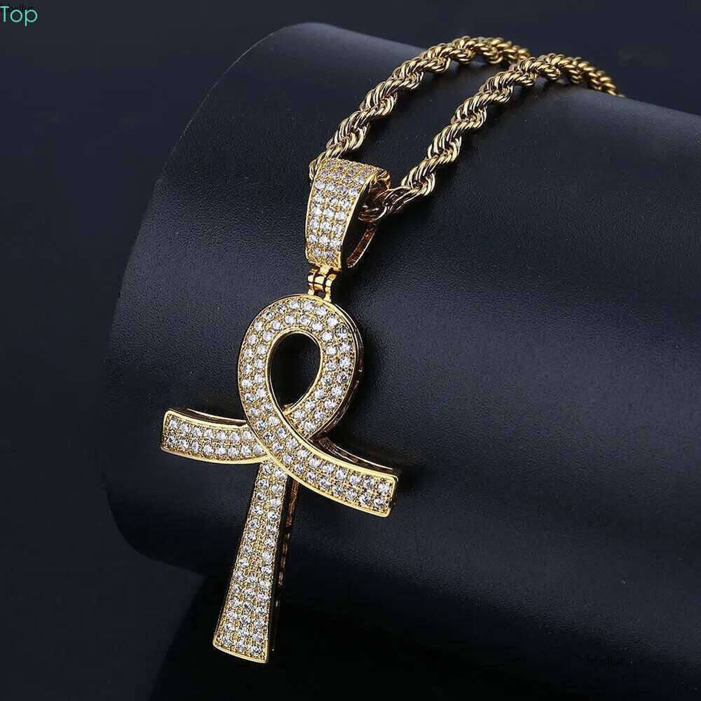 and White Gold Plated Dia Ankt Key of Life Cross Pendant Chain Necklace Cubic Zirconia Hip Hop Rapper Jewelry for Men Wholesale