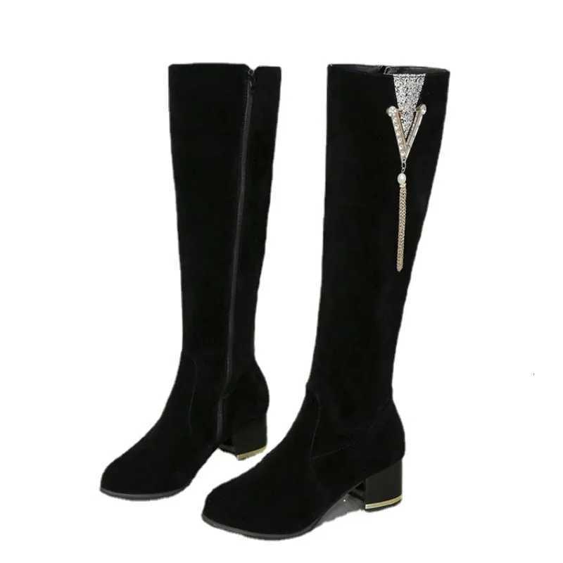 2023 Womens Long Boots Fashion Rhinestone Thickheeled Highheeled Kneehigh Boot Zipper Retro Knight Boot Women Shoes W251024