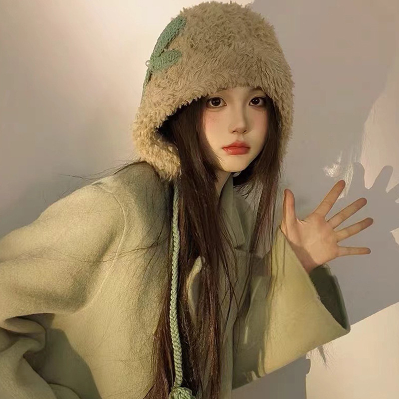 Handmade Crochet Bowknot Plush Hat for Women, Warm Ear Protection Thickened Knitted Lei Feng Hat, Autumn Winter Cold Trend