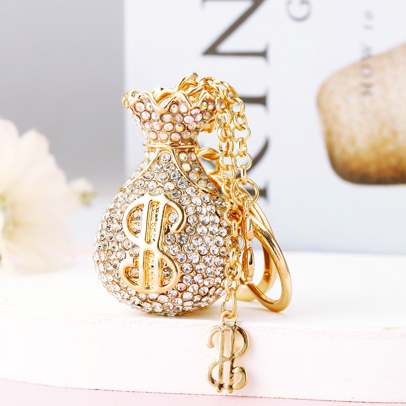 Lucky Wealth Alloy Rhinestone Money Bag make Dollars Keychain Car Charm & Fortune Pouch Bag Pendant, Couple Key Chain Gift (Wholesale)