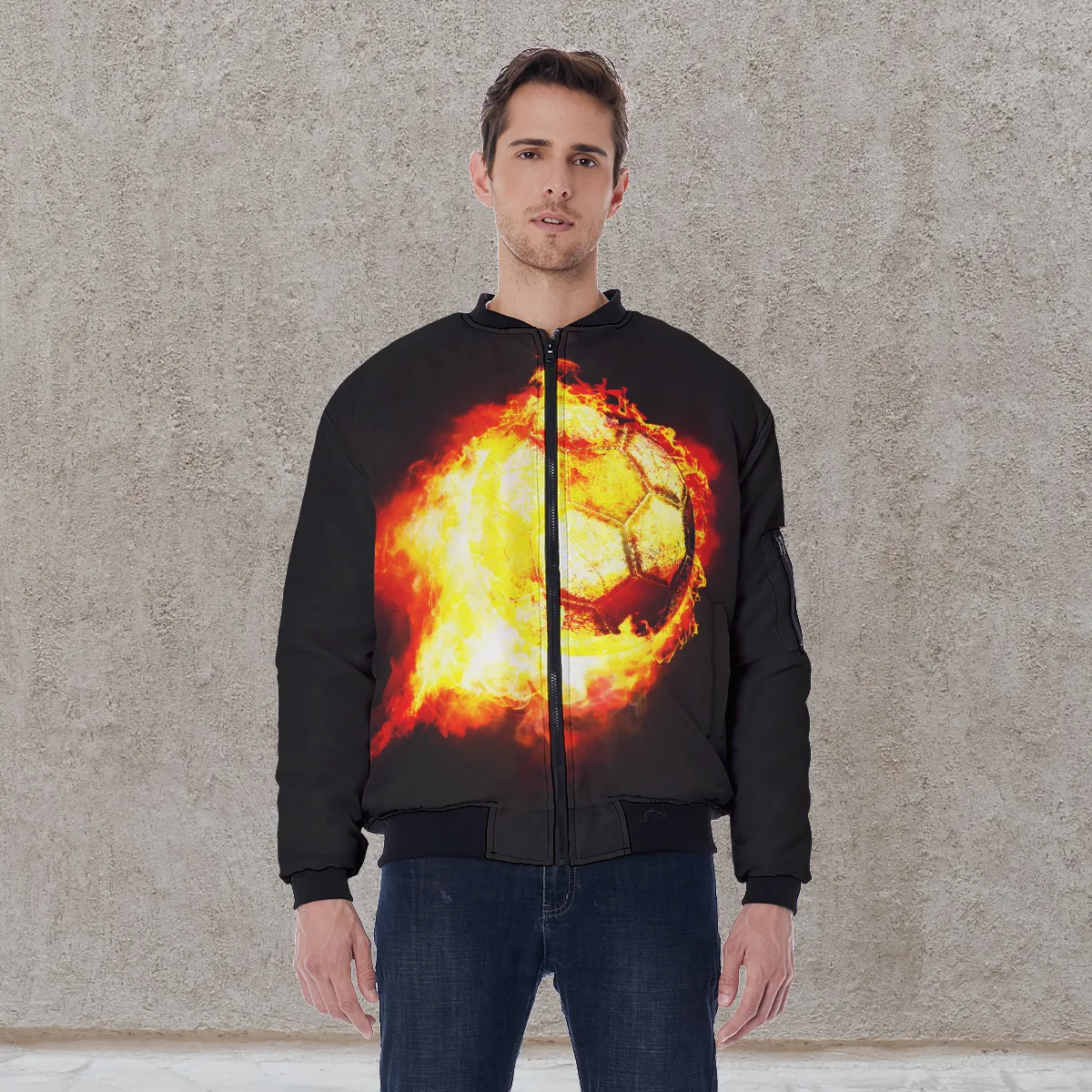 DHgatepod Men's Sleeve Pocket Bomber Jacket - All-Over Print Twill Weave Aviator Coat with Orange Lining & Zipper Detail
