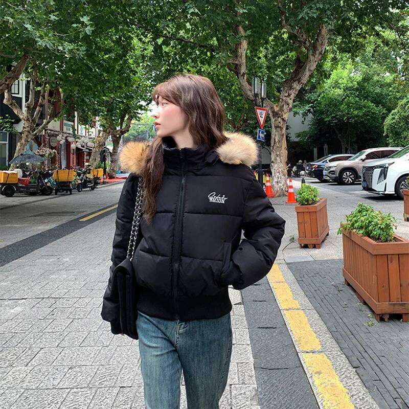 Winter Korean Street Fur Hooded Jacket Women Fashion All Match Puffer Down Cotton Parka Coat Cotton-Padded Cropped Parkas