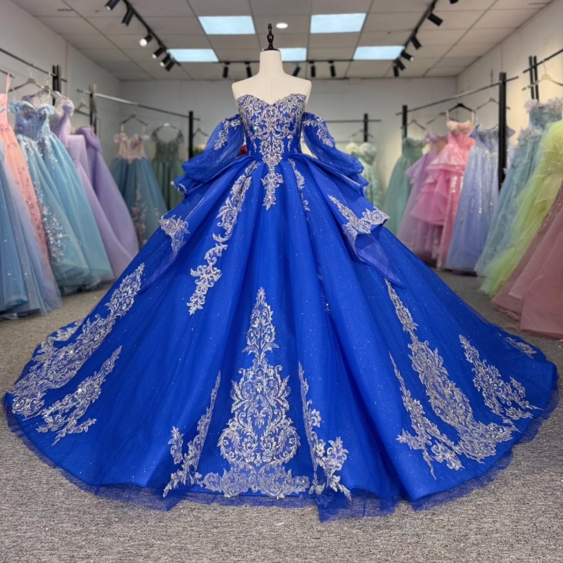 Royal Blue Shiny Quinceanera Dresses Ball Gown Off The Shoulder Applique Lace Beading Crystal Bow Corset Tull Party Birthday Sweet 16 Dress Vestidos 1
